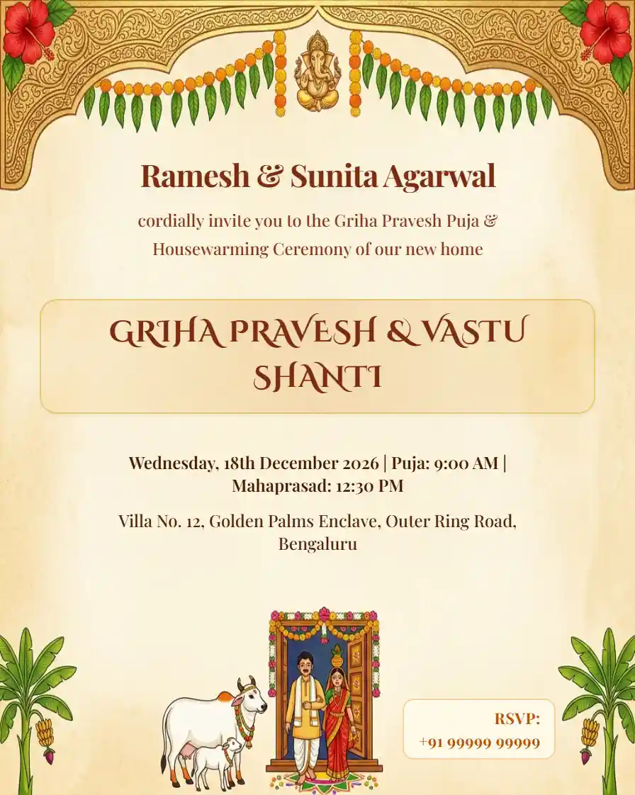 Traditional Griha Pravesh & Gau Puja photo card design